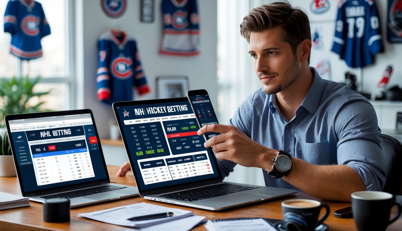 Seorang pria muda duduk di meja dengan perangkat digital yang menampilkan data taruhan NHL, terlihat fokus dan serius dalam suasana kantor rumah modern.