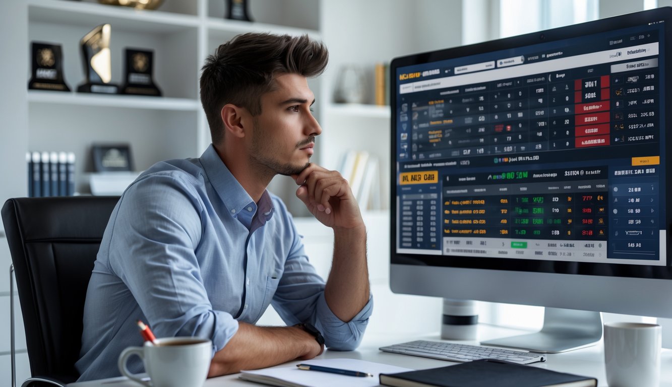 Seorang pria muda duduk di meja kerja modern dengan komputer menampilkan statistik hoki NHL, tampak fokus dan serius merencanakan strategi taruhan.