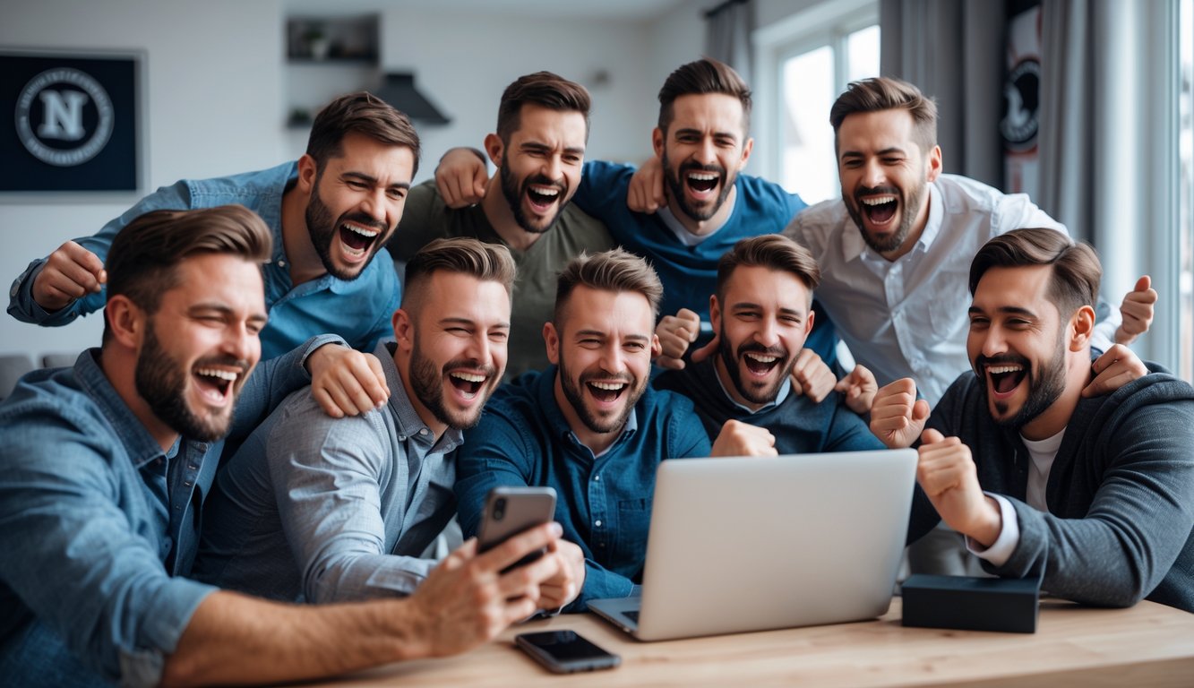 Sekelompok pria merayakan kemenangan judi online NHL dengan ekspresi gembira di ruang tamu modern.