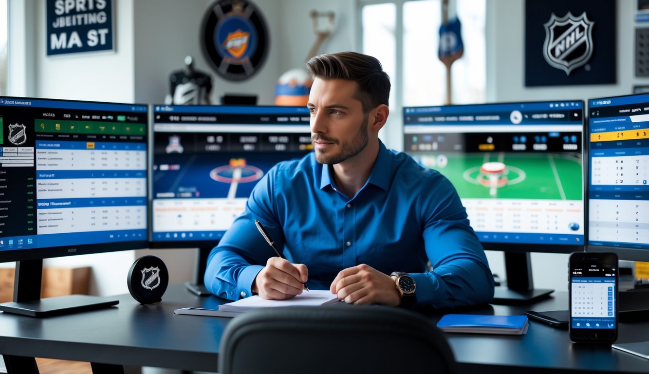 Seorang pria duduk di meja dengan beberapa layar komputer menampilkan pertandingan hoki es NHL dan statistik taruhan, sedang menganalisis data dengan serius di ruang kerja yang modern.