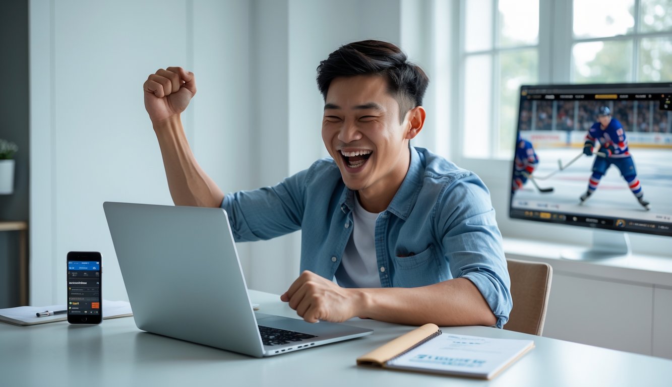 Seorang pria muda sedang merayakan kemenangan saat menggunakan laptop dengan tampilan pertandingan hoki di layar.