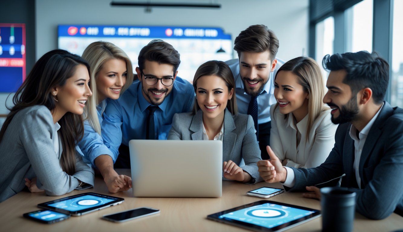 Sekelompok orang muda sedang berdiskusi dengan laptop dan perangkat digital di meja, menunjukkan suasana kerja yang fokus dan antusias dengan tema hoki di latar belakang.