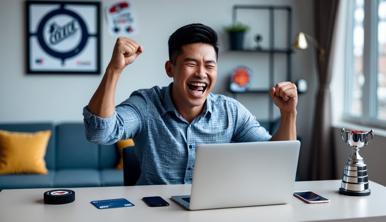 Seorang pria muda Indonesia sedang merayakan kemenangan besar di depan laptop dengan ekspresi senang dan mengangkat tinju, di dalam ruangan dengan dekorasi bertema hoki.