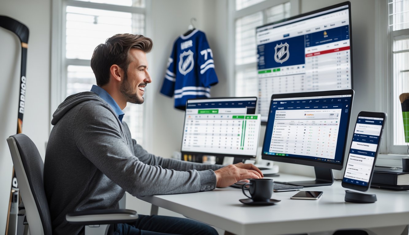 Seorang pria muda duduk di meja dengan beberapa layar menampilkan statistik pertandingan hoki NHL, menggunakan laptop dan ponsel untuk taruhan online.