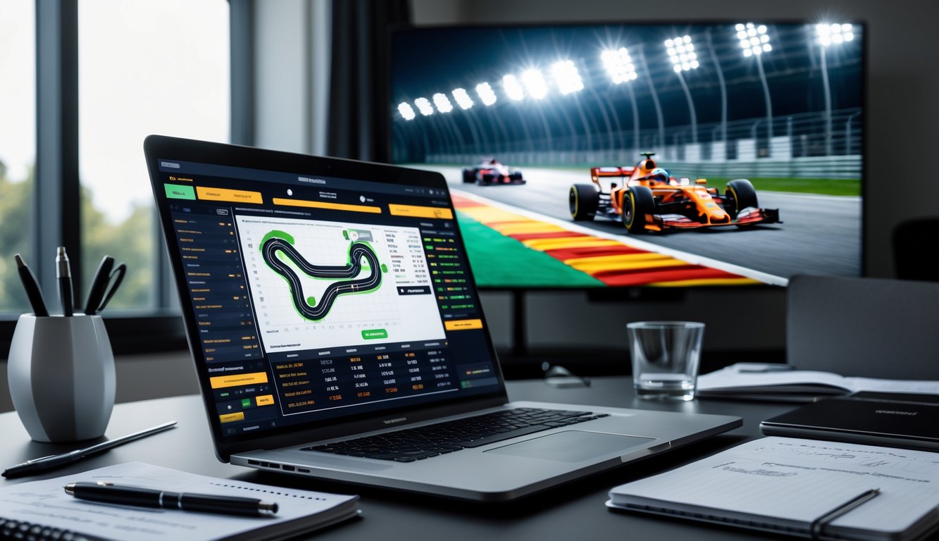 Meja kerja dengan laptop menampilkan peta lintasan Formula 1 dan grafik taruhan, dilengkapi catatan, ponsel dengan pembaruan balapan, dan layar besar yang menunjukkan mobil Formula 1 sedang berlomba.