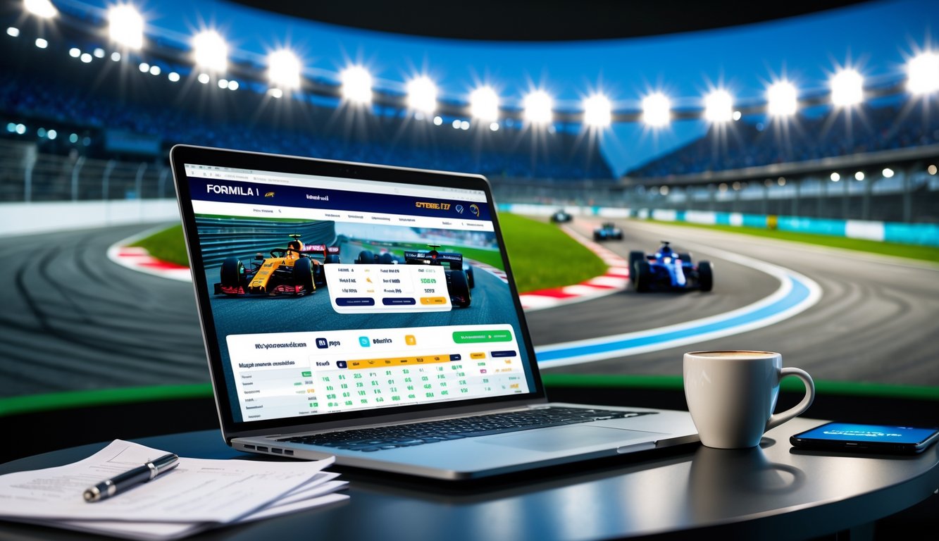 Seorang profesional sedang menggunakan laptop dan smartphone untuk melihat informasi terkait balapan Formula 1 di ruang kerja yang rapi dan terang.