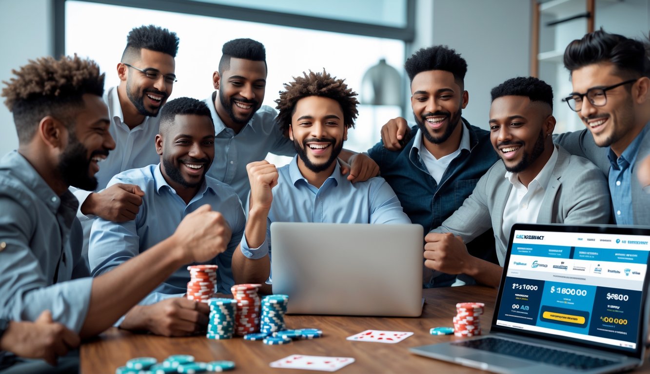Sekelompok pria merayakan kemenangan dalam suasana judi online dengan perangkat modern di meja.