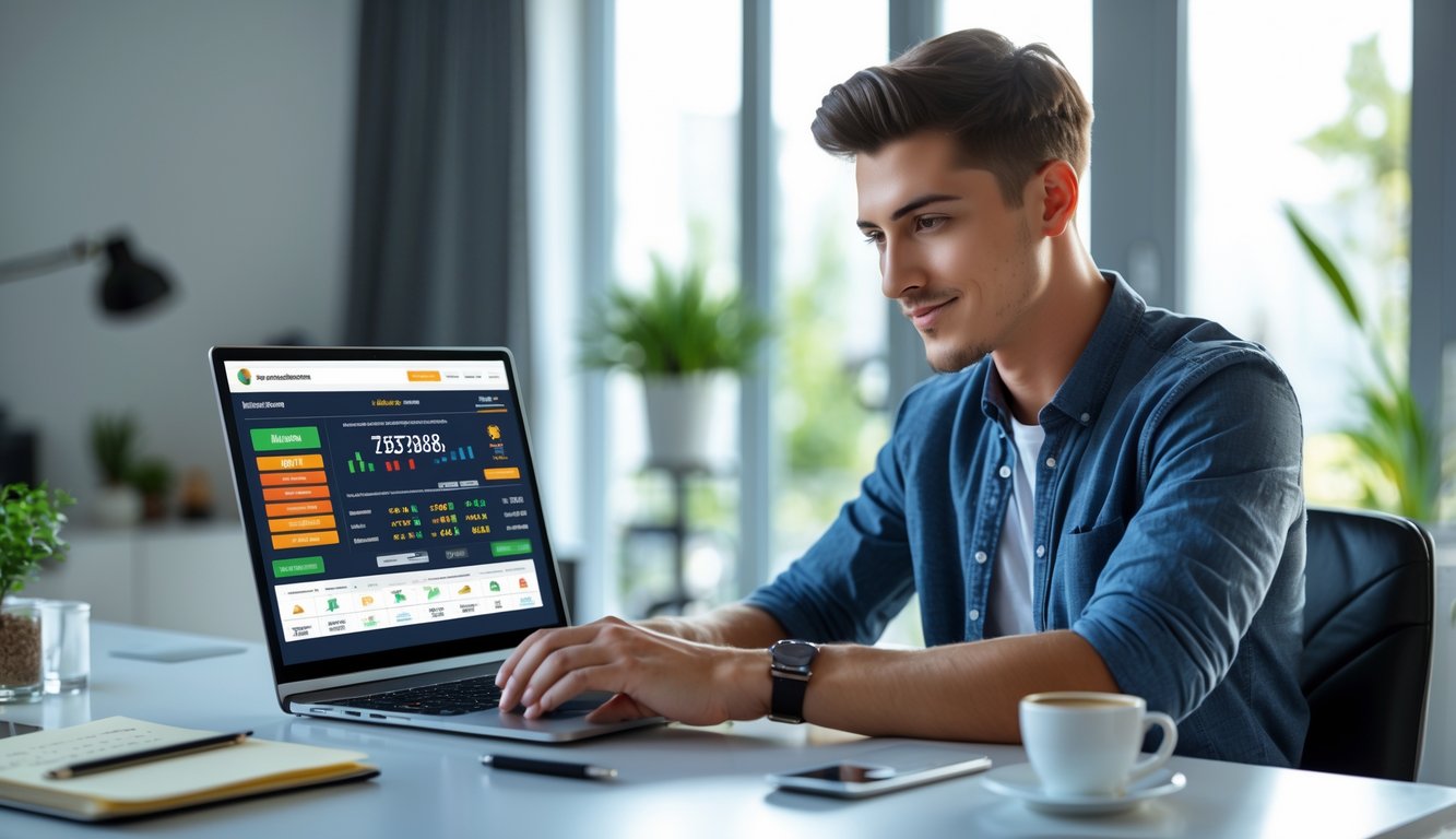 Seorang pria muda duduk di meja kerja dengan laptop, fokus pada layar yang menampilkan situs judi online, di ruang kerja dengan pencahayaan alami dan tanaman hias.