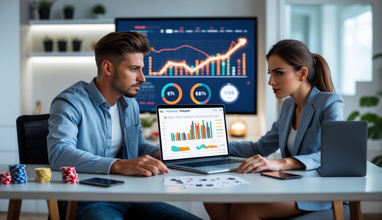 Dua orang dewasa duduk di meja dengan laptop, fokus pada layar yang menampilkan grafik dan data, suasana kerja sama dan strategi.