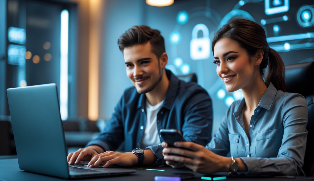 Seorang pria dan wanita muda duduk di meja gaming modern dengan perangkat digital, tampak fokus dan percaya diri dalam suasana yang nyaman dan profesional.