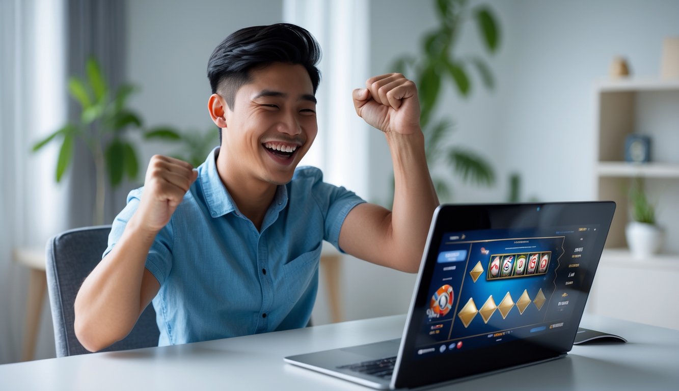 Seorang pria muda sedang tersenyum dan mengangkat tinju sambil duduk di depan laptop di rumah, menunjukkan kegembiraan setelah menang judi online.