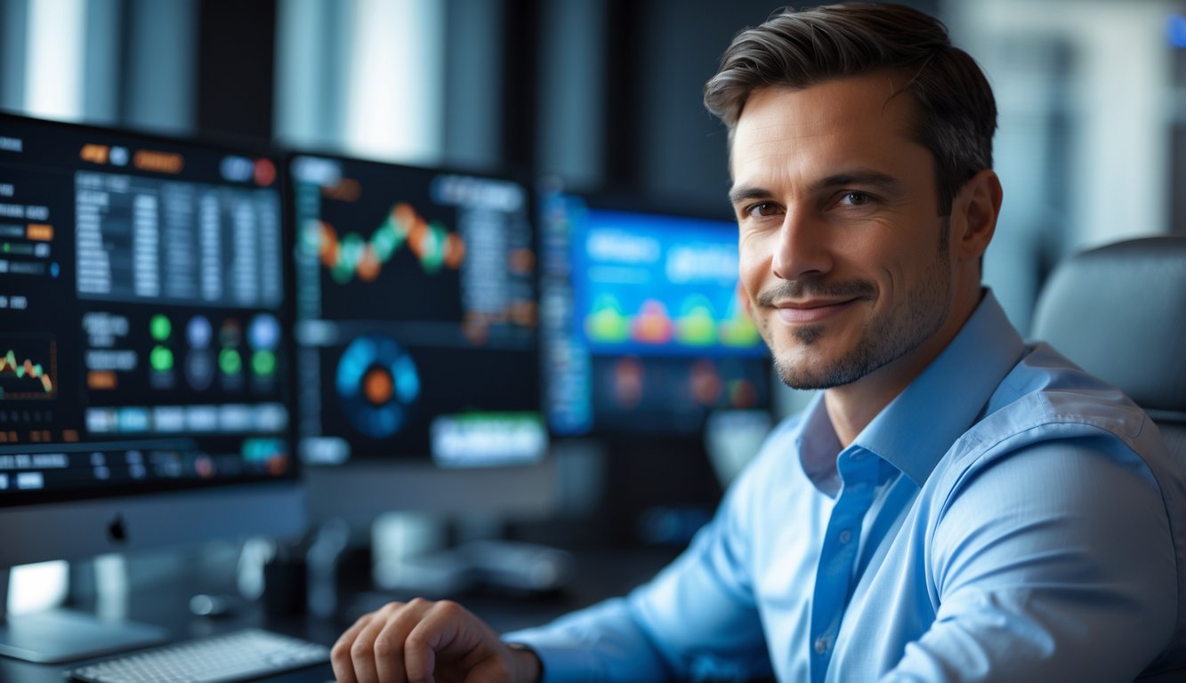 Seorang pria bisnis percaya diri duduk di meja kantor modern dengan layar komputer menampilkan grafik dan antarmuka judi online.