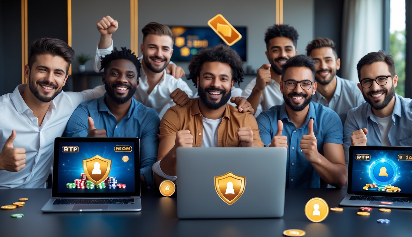 Sekelompok pria sedang merayakan kemenangan judi online di ruang tamu modern dengan perangkat digital yang menampilkan permainan kasino.