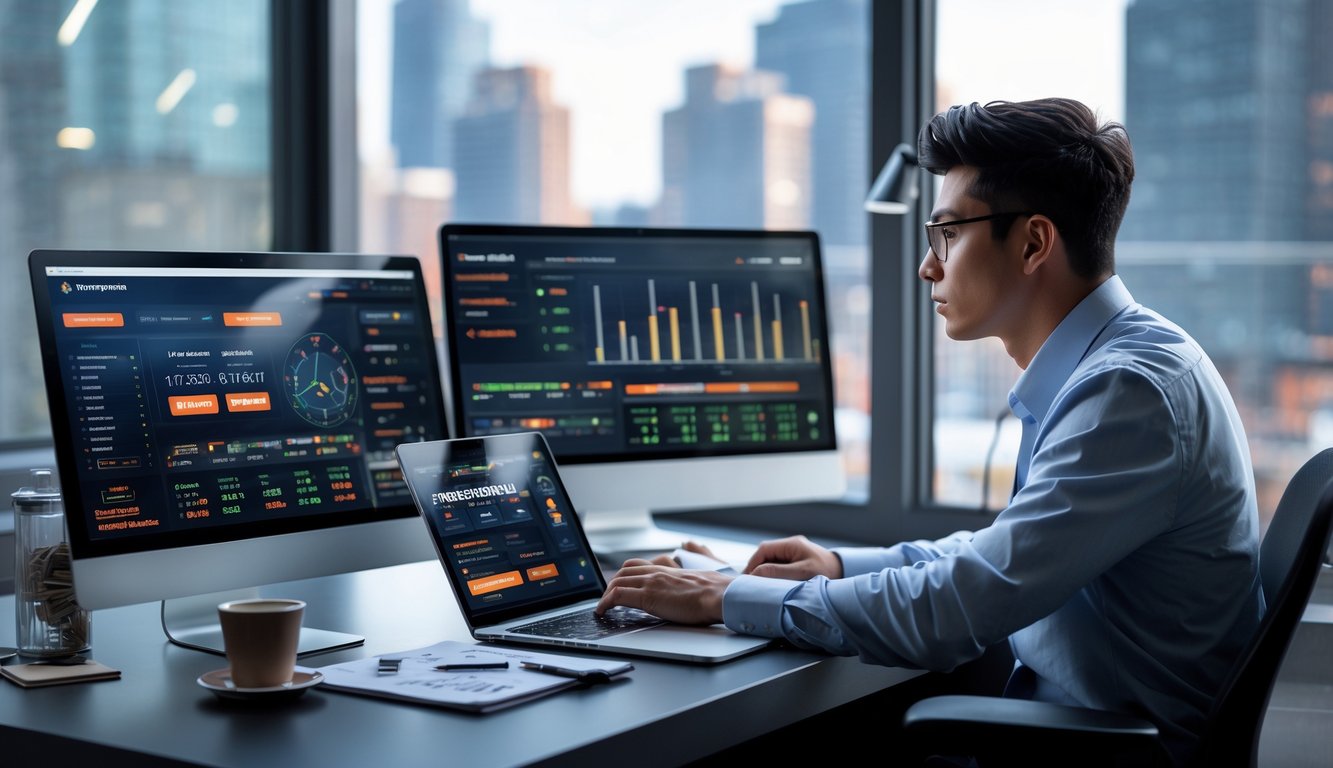 Seorang dewasa muda duduk di meja modern dengan beberapa perangkat digital yang menampilkan situs judi online, terlihat fokus menganalisis data di layar dalam ruangan kantor rumah yang terang dan rapi.