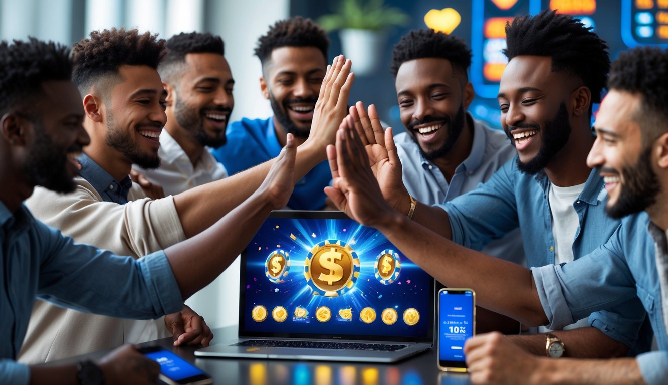 Sekelompok pria sedang merayakan kemenangan judi online dengan ekspresi gembira di depan laptop dan ponsel.