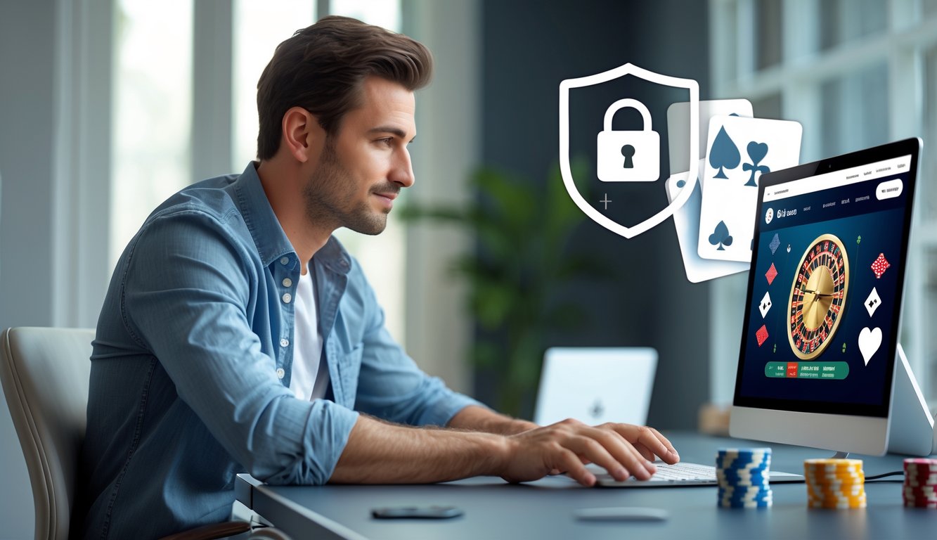 Seorang pria duduk di meja dengan laptop, fokus pada layar yang menampilkan situs judi online dengan chip poker dan kartu, menunjukkan suasana aman dan terpercaya.