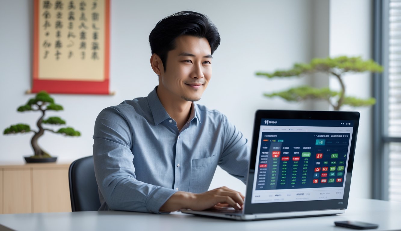 Seorang pria Asia muda duduk di meja dengan laptop, tersenyum dan terlihat percaya diri di ruangan yang terang dengan elemen budaya Jepang di latar belakang.