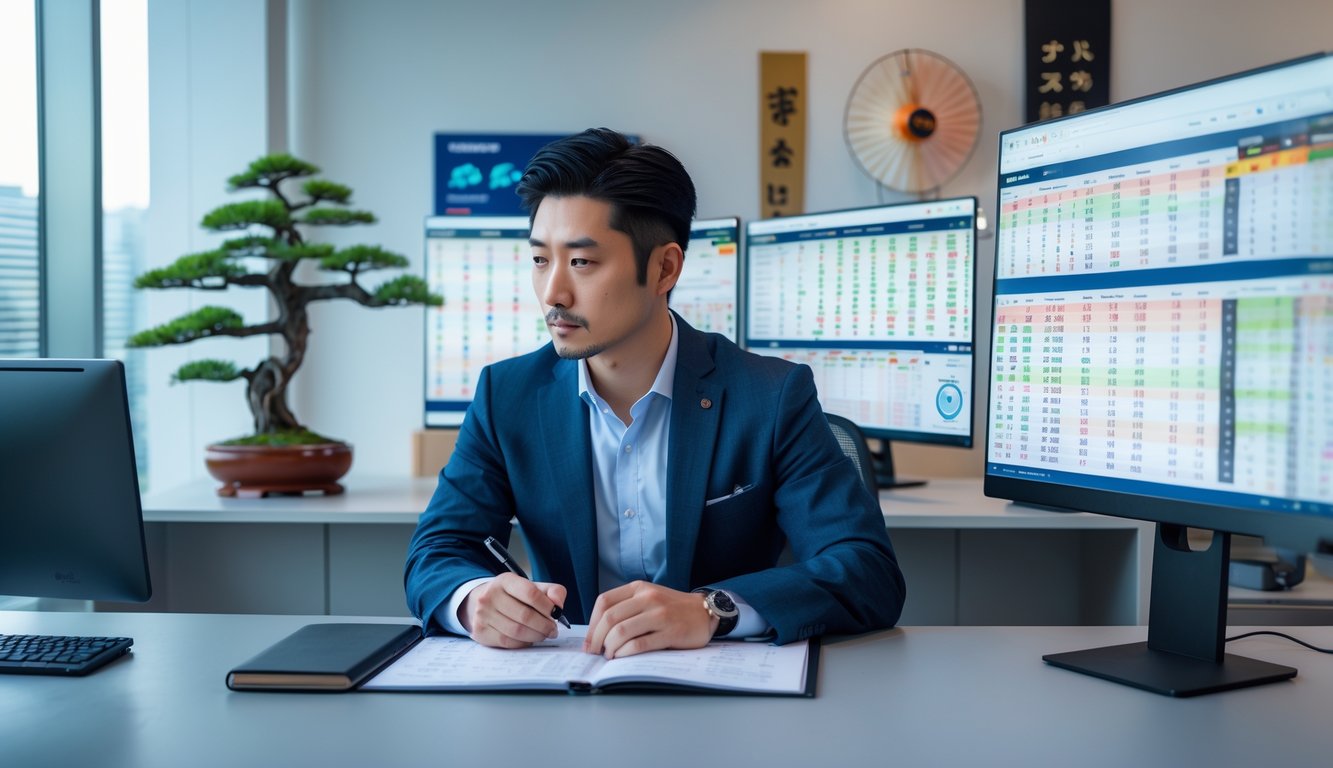 Seorang pria Asia duduk di meja kantor modern dengan beberapa layar komputer menampilkan data lotere, terlihat fokus dan serius menganalisis informasi.