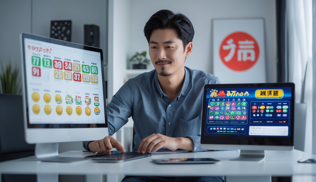 Seorang pria muda Asia duduk di meja modern dengan perangkat digital yang menampilkan grafik dan angka togel, di ruang kerja rumah yang terang dan rapi.
