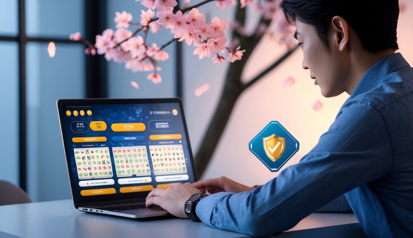 Seseorang sedang menggunakan laptop dengan tampilan permainan togel Jepang di meja kerja yang rapi dan terang.