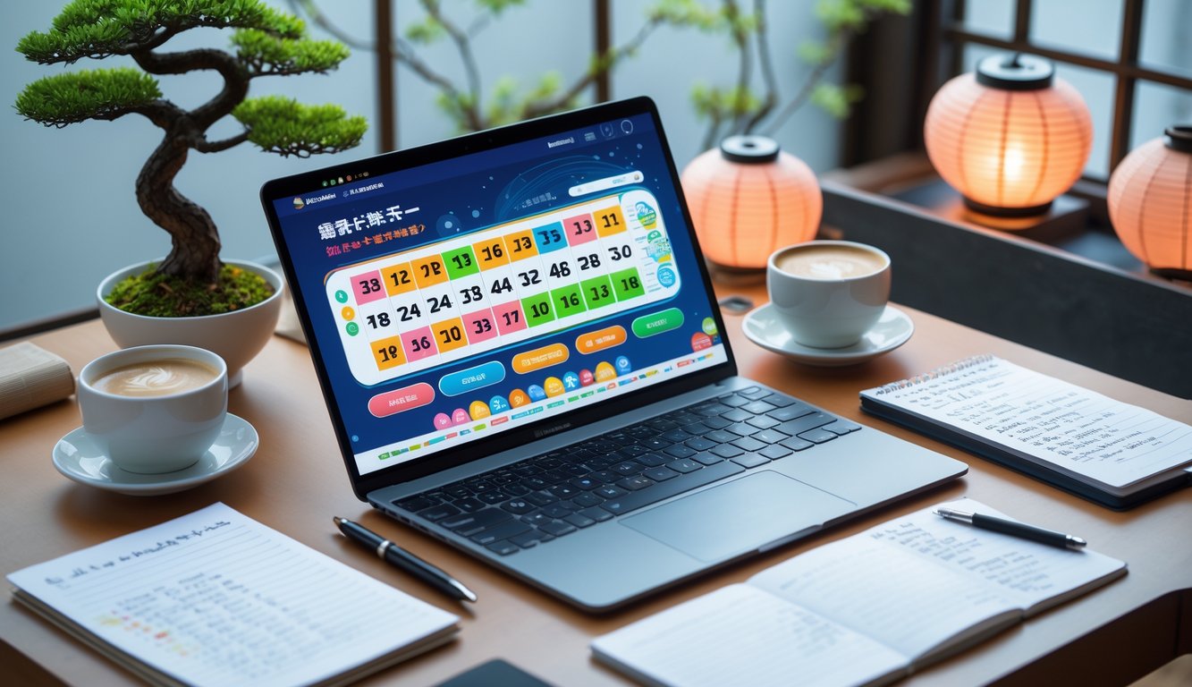 Meja kerja dengan laptop yang menampilkan situs togel online Jepang, dikelilingi cangkir kopi, ponsel, dan alat tulis, dengan tanaman bonsai kecil di latar belakang.