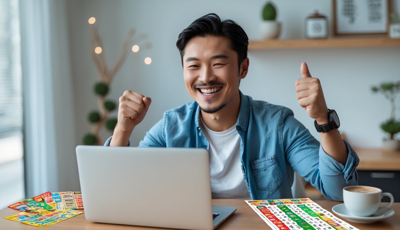 Seorang pria Asia tersenyum gembira sambil menggunakan laptop di ruang kerja rumah yang nyaman, dengan elemen terkait judi online di sekitarnya.