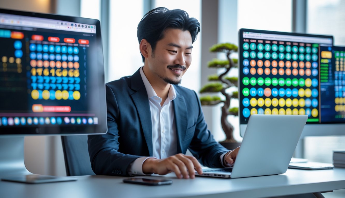 Seorang pria Asia duduk di meja dengan beberapa layar komputer menampilkan angka togel dan grafik, di kantor modern dengan dekorasi minimalis dan tanaman bonsai kecil.