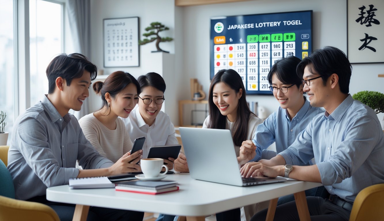 Sekelompok orang muda sedang bermain judi togel online Jepang di ruang tamu yang nyaman dengan laptop dan ponsel.