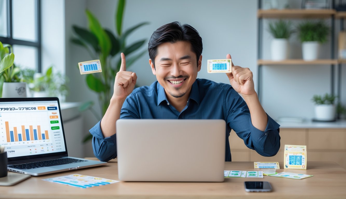 Seorang pria Asia tersenyum dan merayakan kemenangan saat menggunakan laptop di ruang kerja modern yang terang dan rapi.