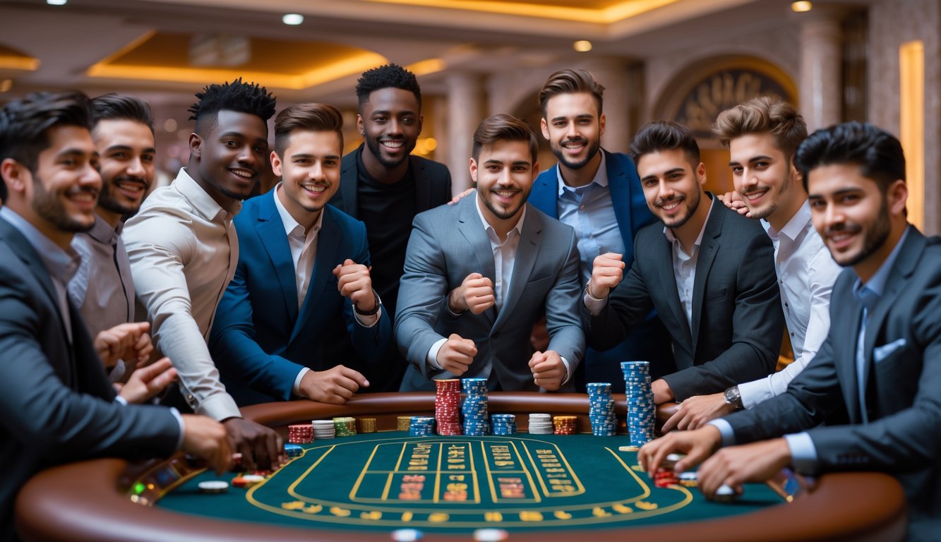 Sekelompok pria muda berkumpul di sekitar meja baccarat di kasino, tersenyum dan merayakan kemenangan.