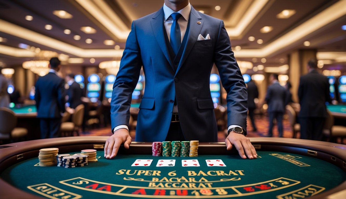 Seorang dealer profesional di meja baccarat dengan kartu dan chip, di dalam kasino mewah dengan pemain yang mengamati permainan.