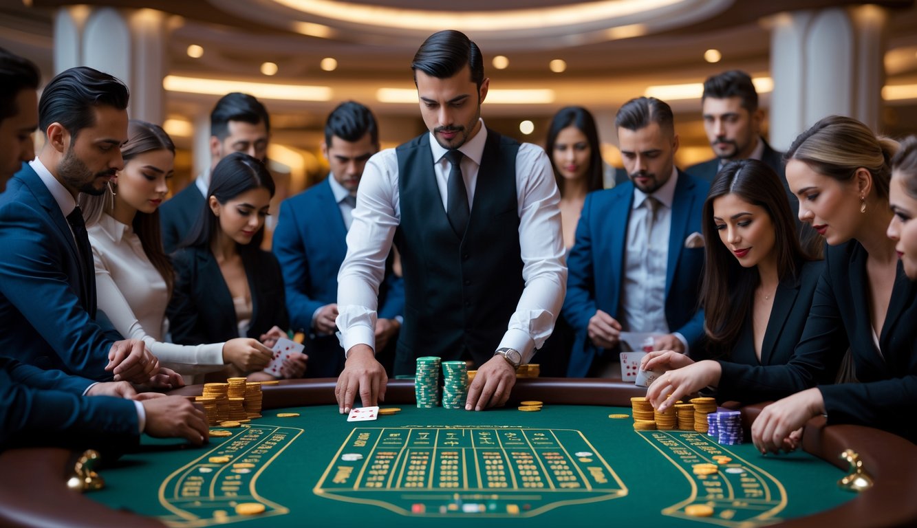 Seorang dealer dan beberapa pemain sedang bermain baccarat di meja kasino dengan suasana elegan dan fokus.