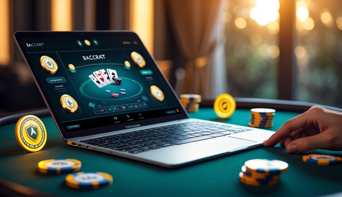 Sebuah meja dengan perangkat digital yang menampilkan permainan baccarat online dengan kartu dan chip, dikelilingi simbol keamanan dan suasana yang profesional.