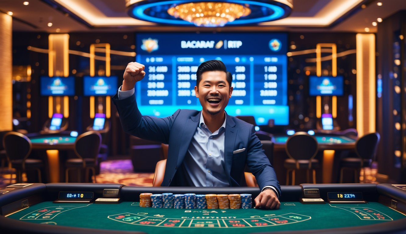 Seorang pria Asia Tenggara merayakan kemenangan di meja baccarat di kasino modern dengan ekspresi gembira dan tangan terangkat.