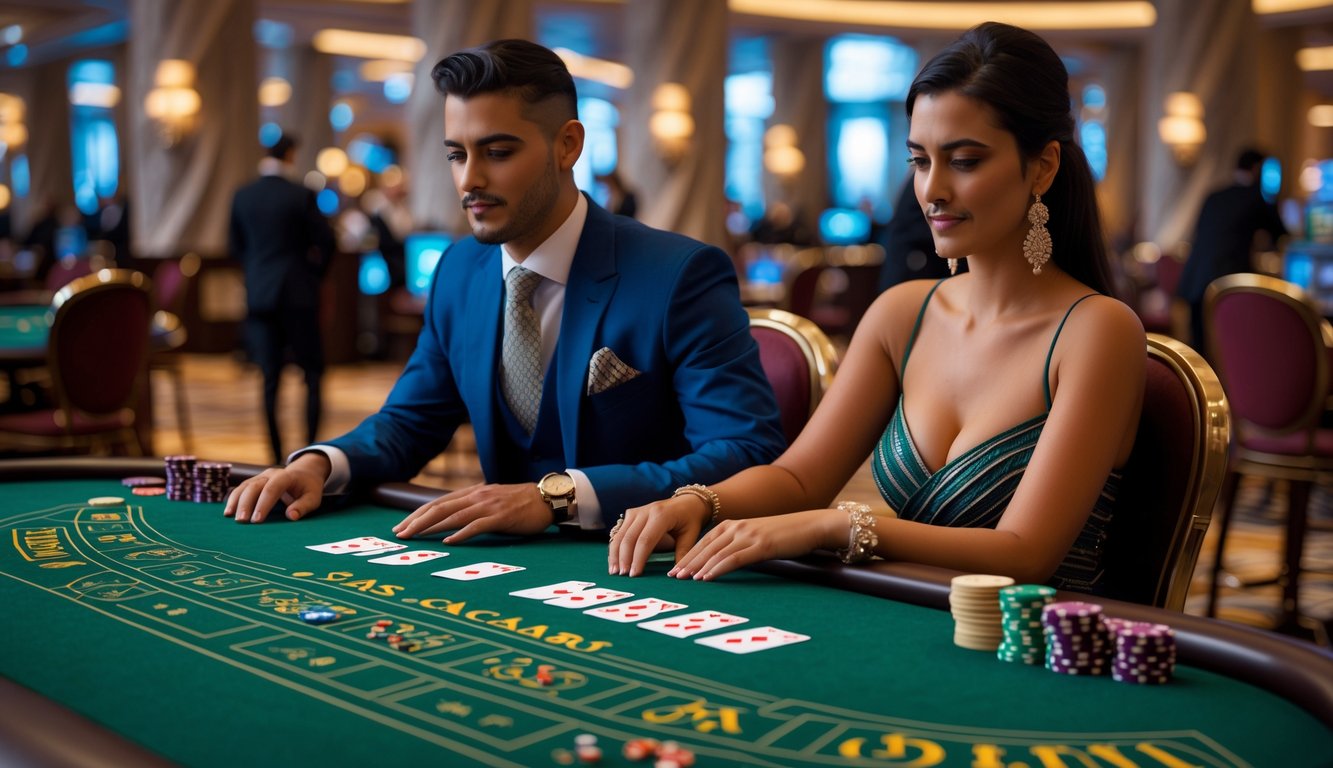 Dua pemain berjudi di meja Baccarat di dalam kasino mewah dengan suasana yang fokus dan serius.