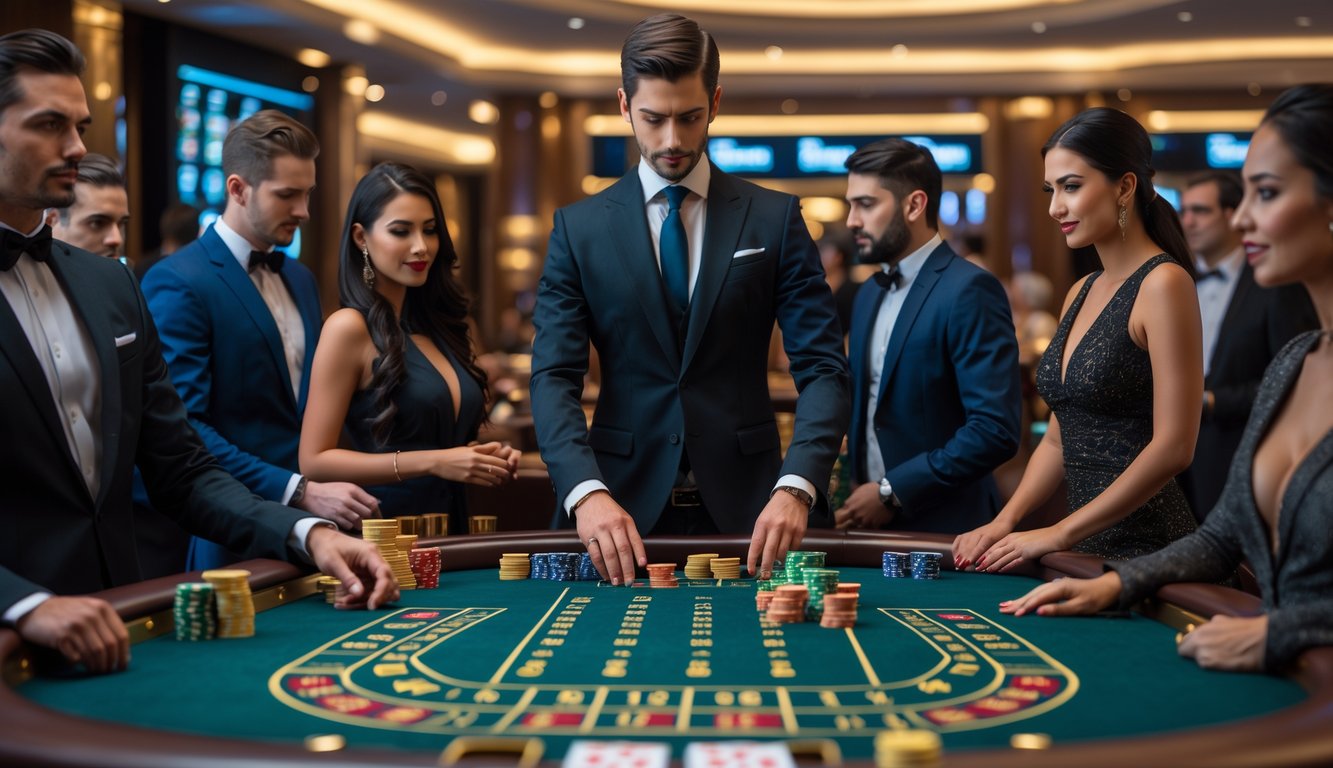 Seorang dealer dan beberapa pemain sedang bermain baccarat di meja kasino dengan suasana mewah dan pencahayaan hangat.