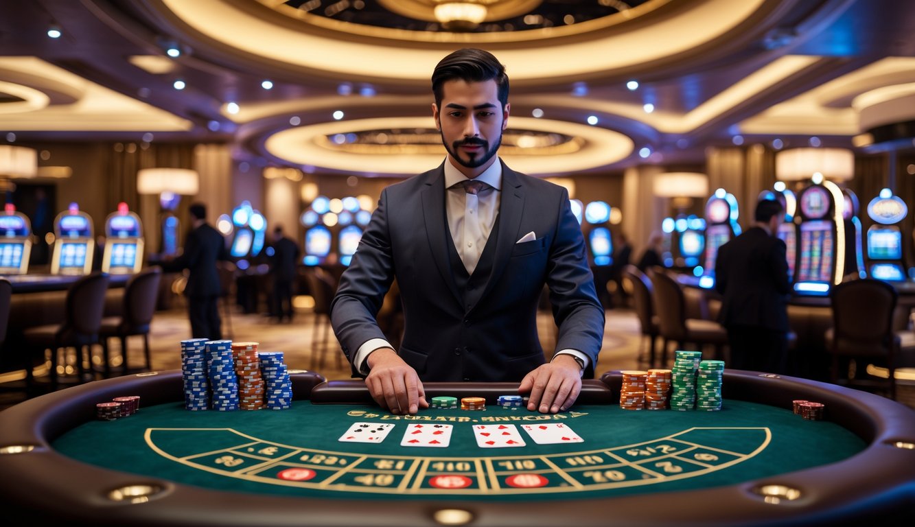 Seorang dealer berpakaian rapi sedang mengelola meja Baccarat di kasino mewah dengan kartu dan chip tertata rapi.