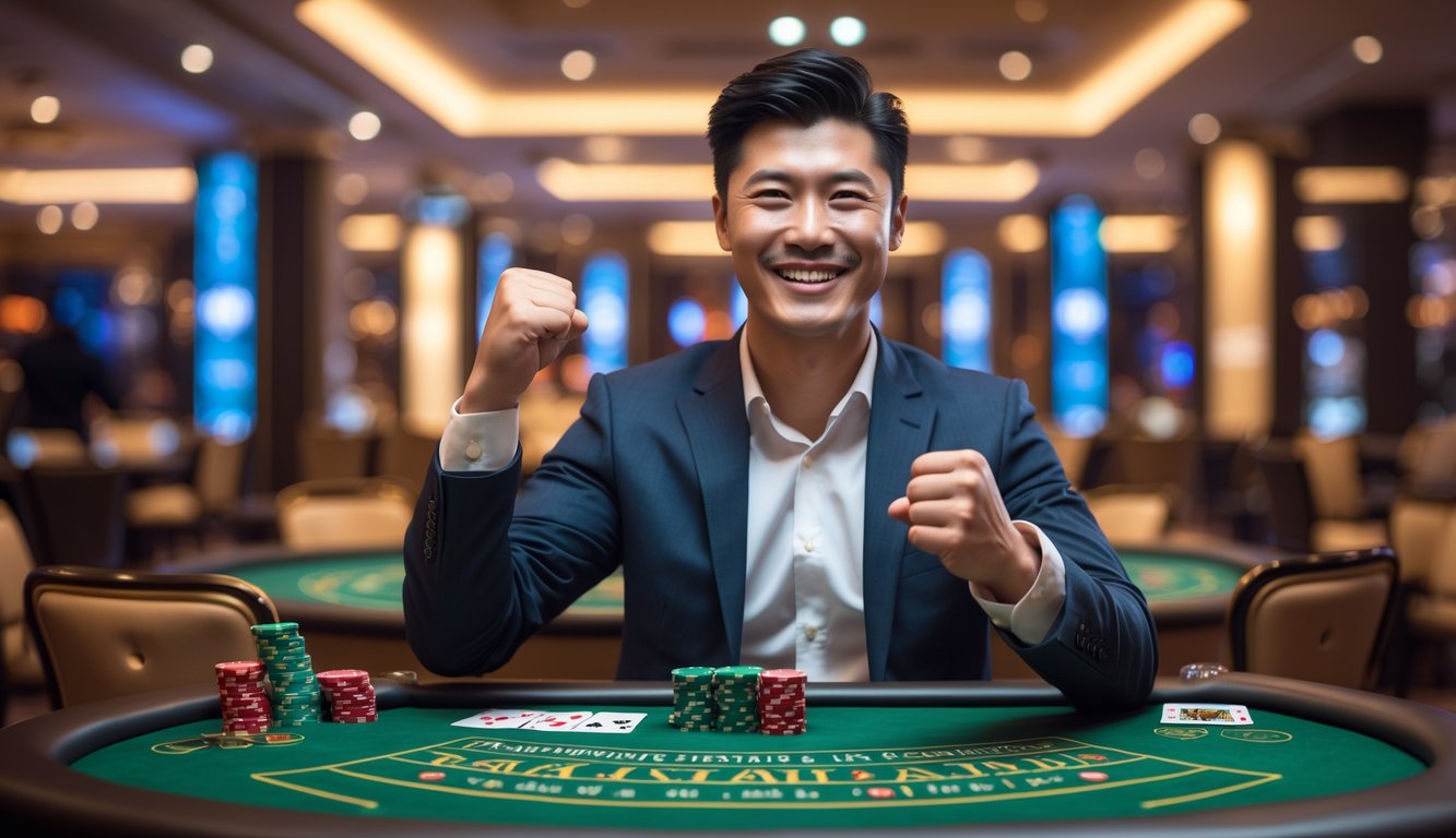 Seorang pria Asia muda merayakan kemenangan di meja baccarat di kasino mewah dengan suasana hangat dan lampu lembut.