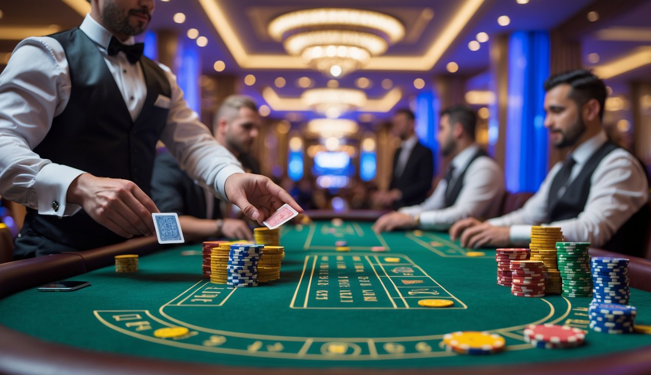 Meja baccarat di kasino dengan dealer dan pemain yang sedang bermain, suasana mewah dan profesional.