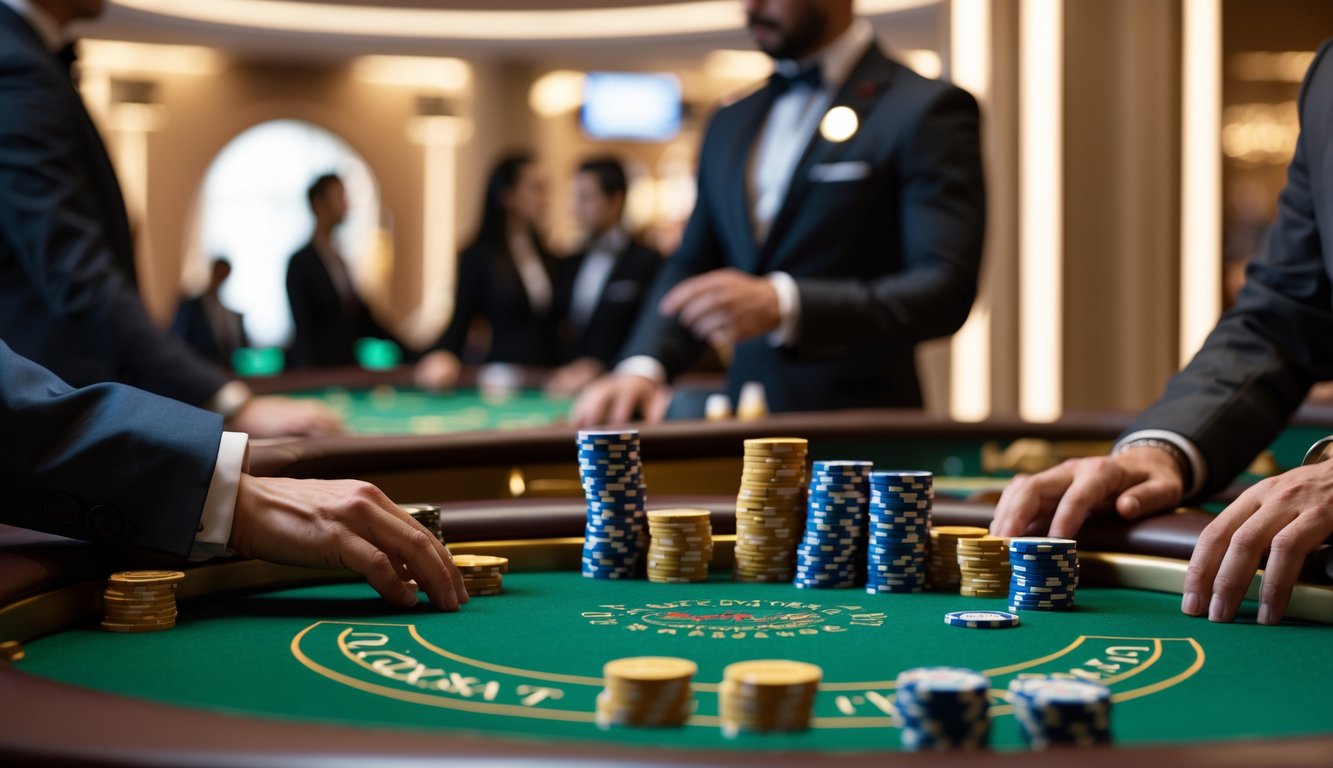 Meja baccarat di kasino mewah dengan pemain dan dealer yang sedang fokus bermain.