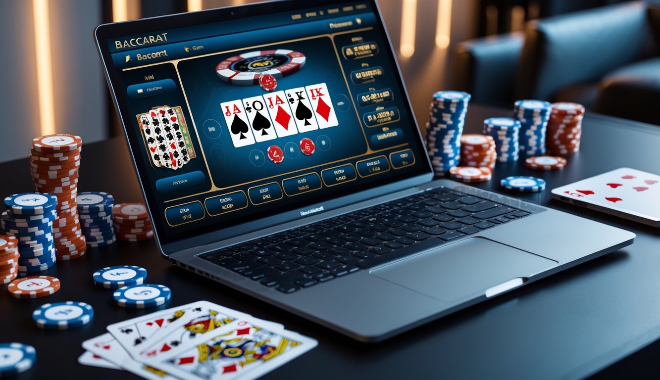 Meja kerja modern dengan laptop yang menampilkan permainan Baccarat, chip kasino, kartu remi, dan ponsel yang menunjukkan peluang taruhan.