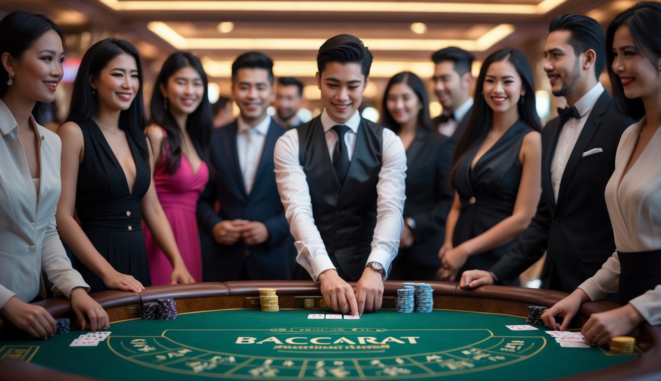Seorang dealer dan beberapa pemain sedang bermain Baccarat di meja kasino dengan suasana yang elegan dan fokus.