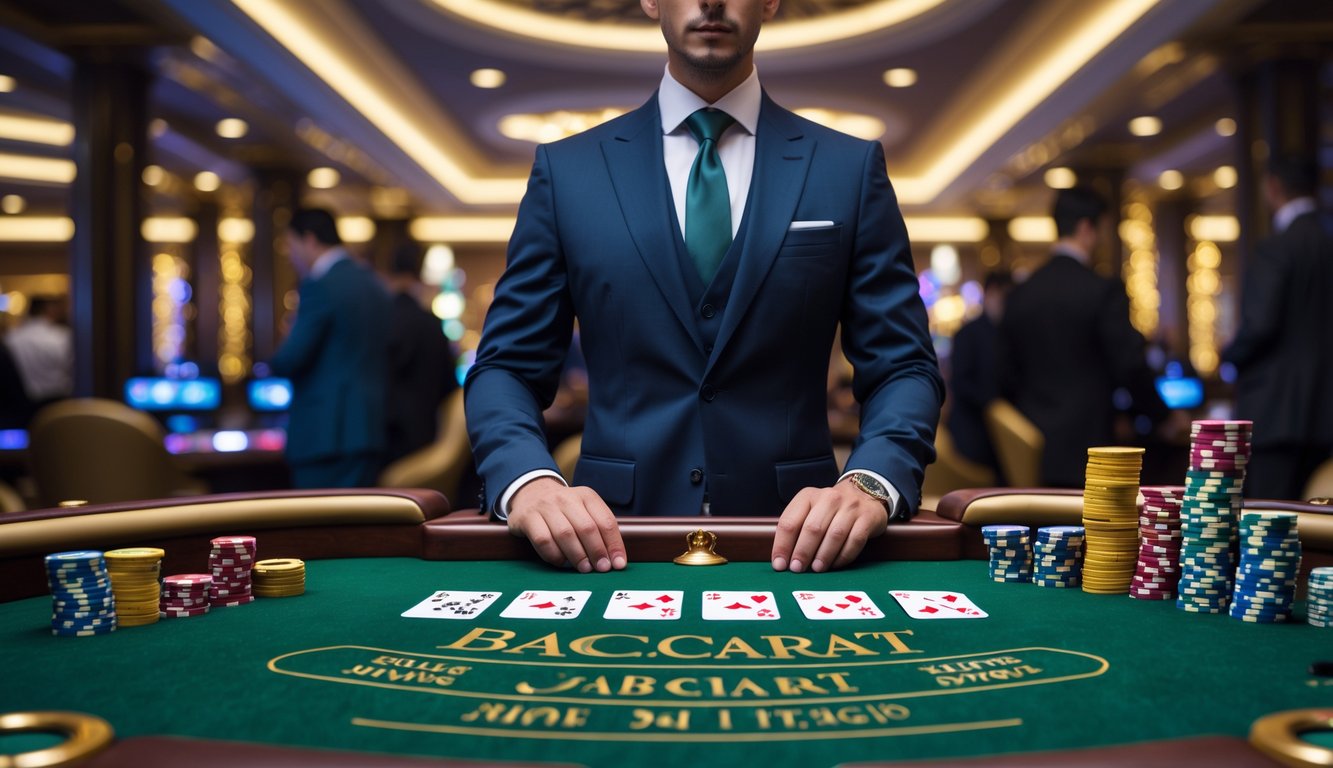 Seorang dealer berdiri di belakang meja baccarat dengan kartu dan chip poker di kasino mewah.