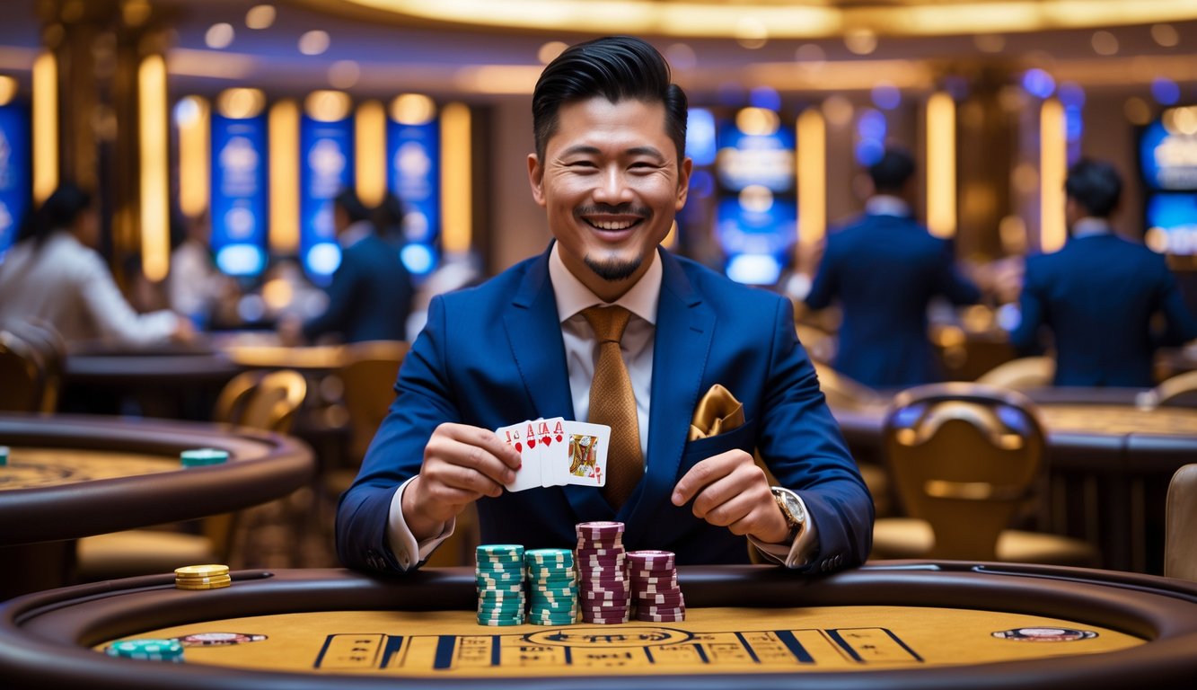 Seorang pria Asia Tenggara yang percaya diri merayakan kemenangan di meja baccarat mewah di kasino.