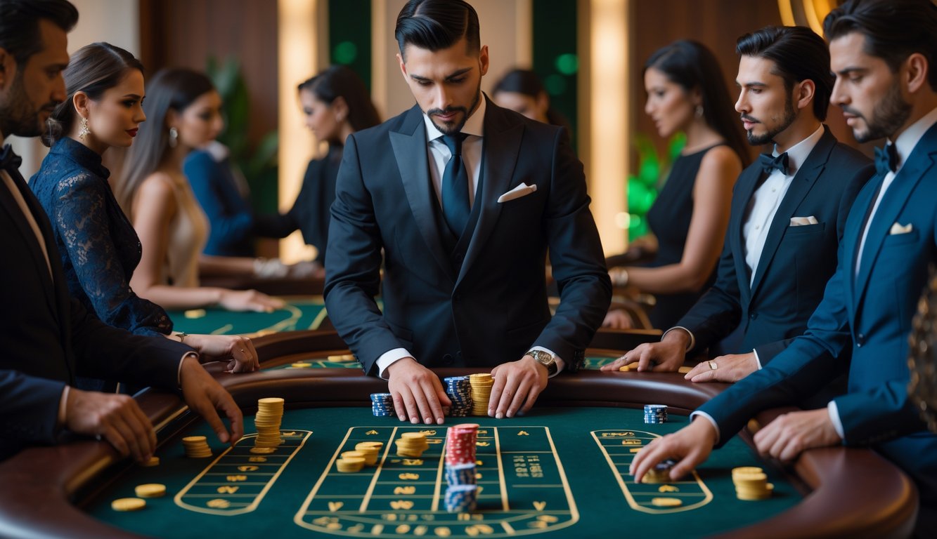 Seorang dealer dan beberapa pemain duduk di meja Baccarat di kasino dengan suasana mewah dan pencahayaan hangat.