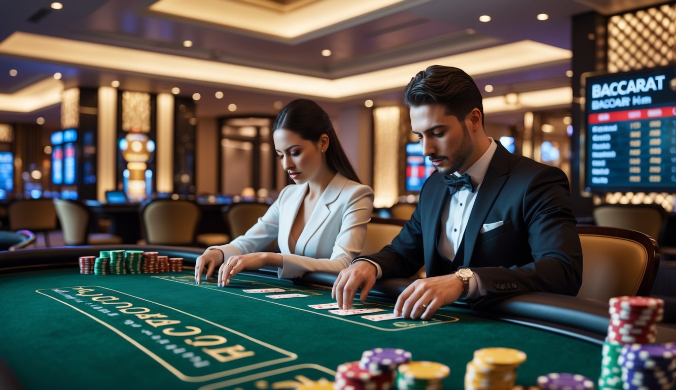Dua pemain berjudi di meja baccarat di kasino yang elegan dengan suasana yang tenang dan fokus.