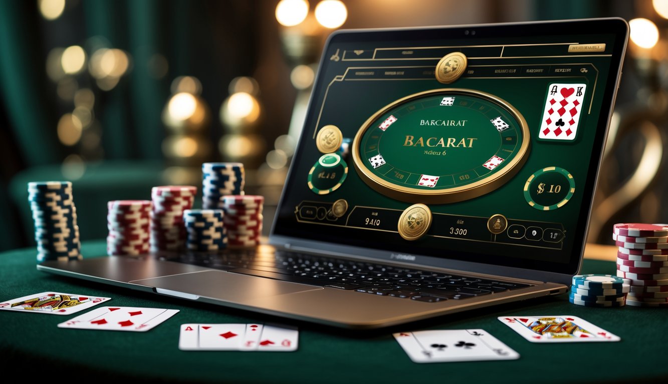 Seseorang menggunakan laptop dengan tampilan permainan Baccarat Super 6 yang sedang berlangsung, dikelilingi oleh chip poker dan kartu remi di meja.