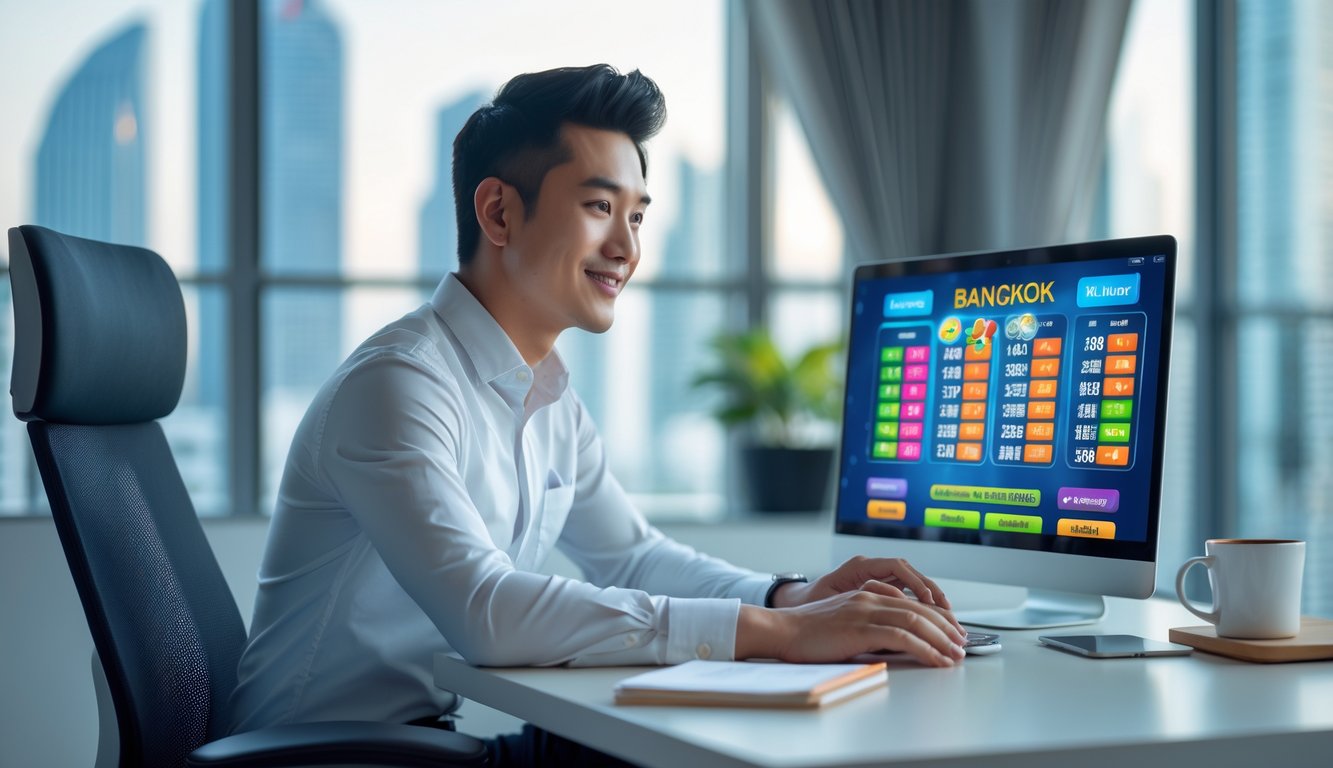 Seorang pria muda duduk di meja kerja dengan laptop, di latar belakang pemandangan kota Bangkok dari jendela.