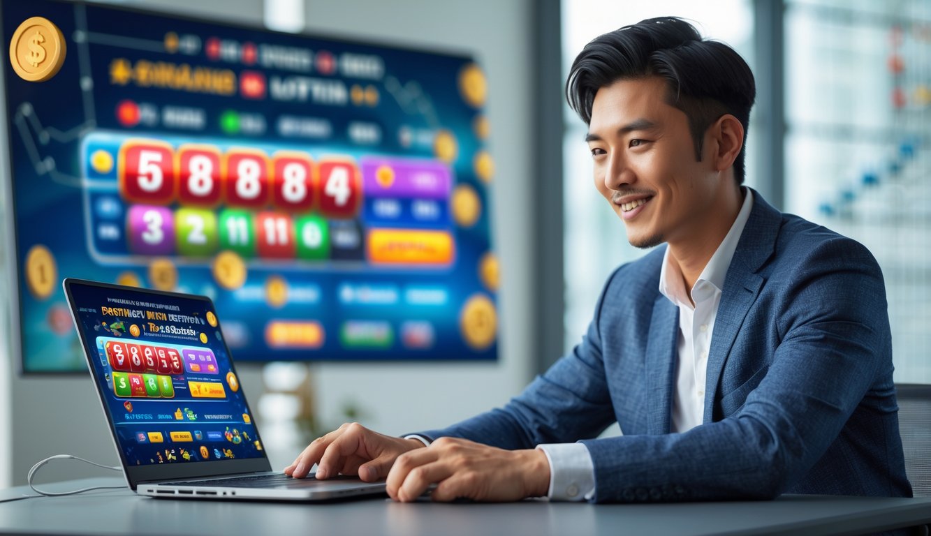 Seorang pria muda duduk di depan laptop dengan tampilan situs judi togel online, menunjukkan ekspresi fokus dan percaya diri.