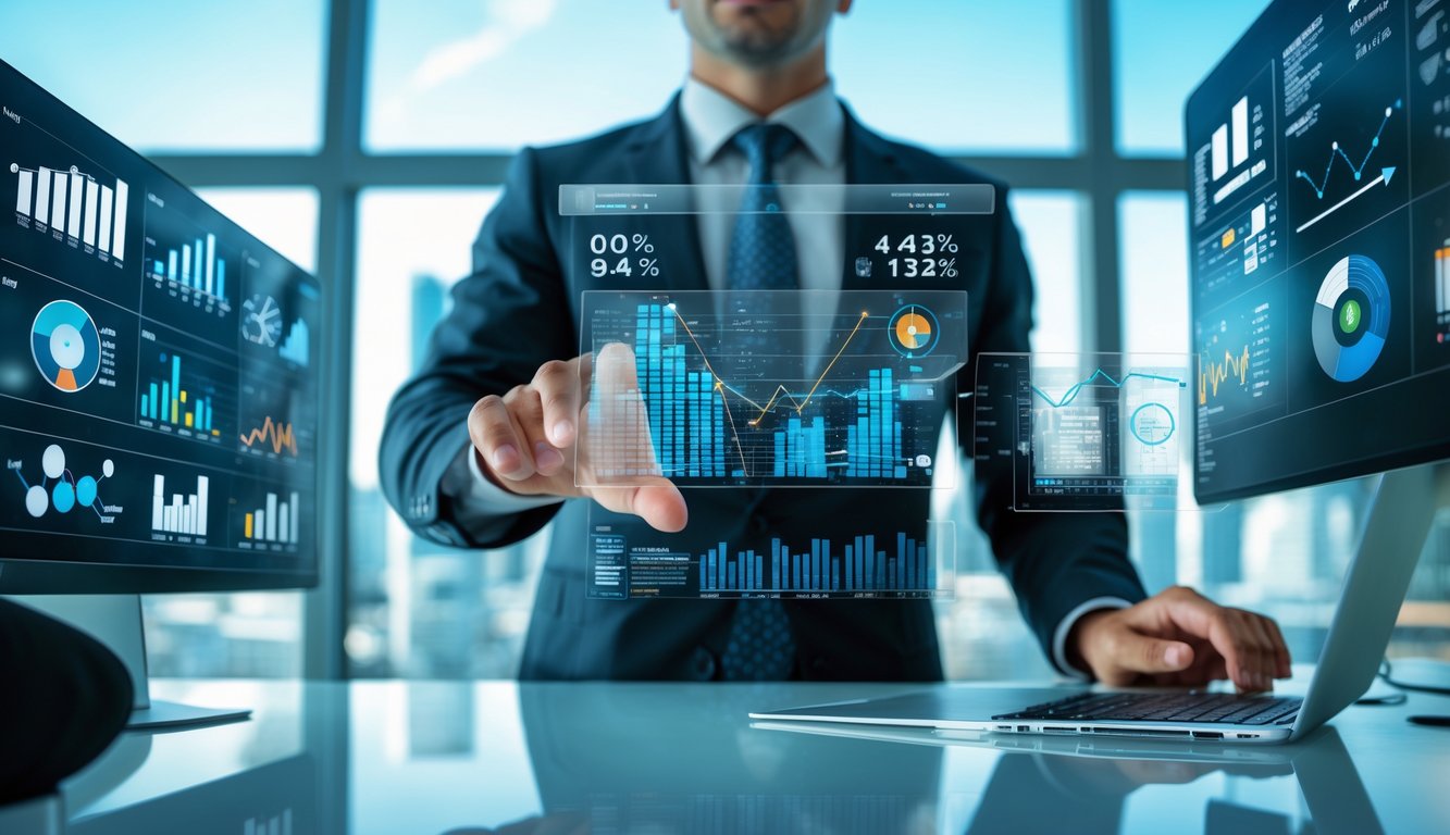 Seorang pebisnis sedang menganalisis data pada beberapa layar digital di kantor modern dengan pemandangan kota di latar belakang.
